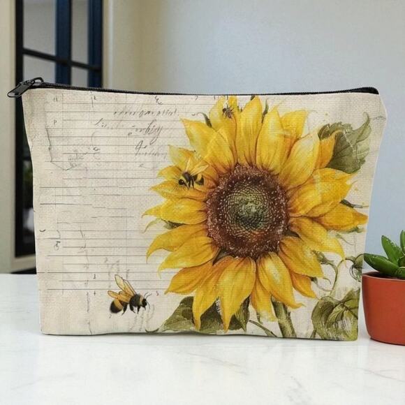 Vintage Sunflower Bee Cosmetic Bag Linen Script Botanical Makeup Pouch - Picture 1 of 8